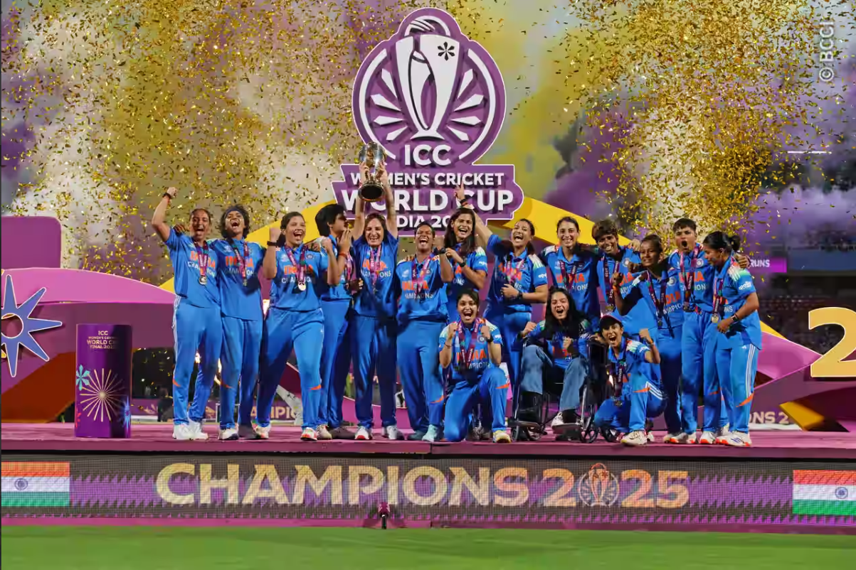 Indian teamlifting a world cup of ICC 2025 tournament by beating south africa in final