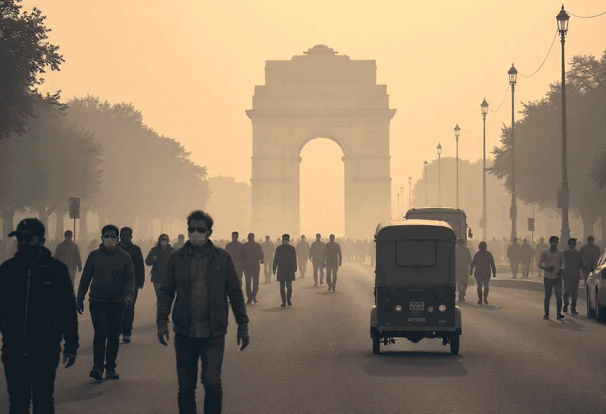 Pollution covering the whole delhi city - Increasing the risk of long term disease. People are walking on the india gate road, keeping mask on their face