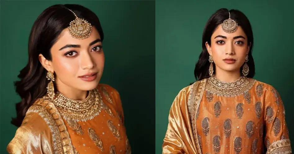 Rashmika Mandana Festive Glow in an Orange Kurta Set