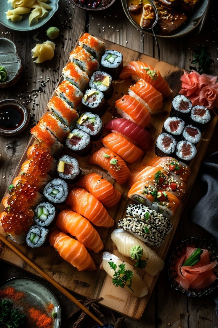 Varities of sushi on a wooden board