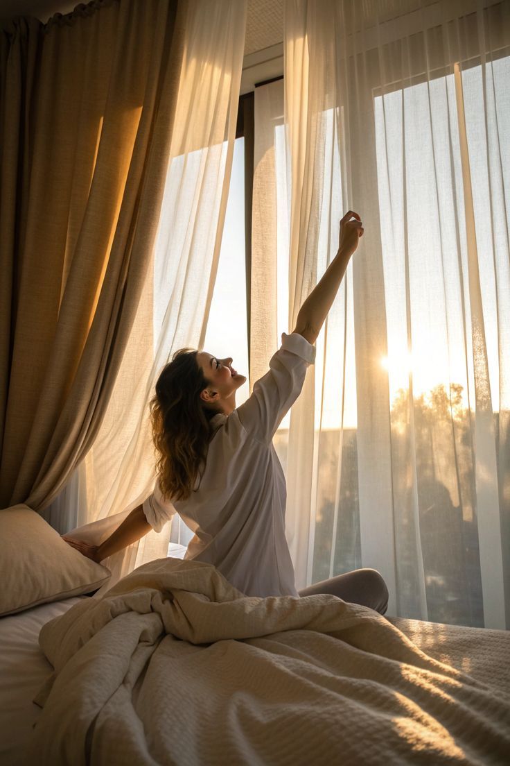A girl waking up with sunrise in the background