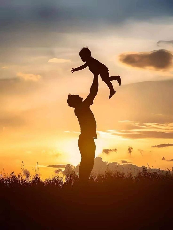 A father lifts his child against a sunset sky.