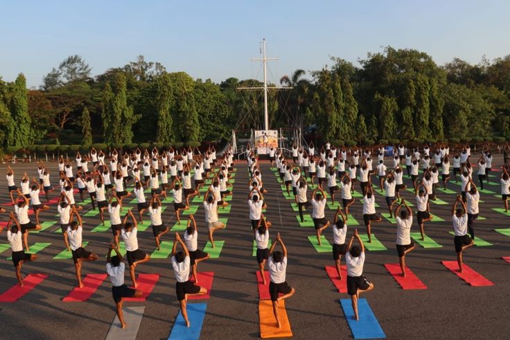 A large group of people performing yoga