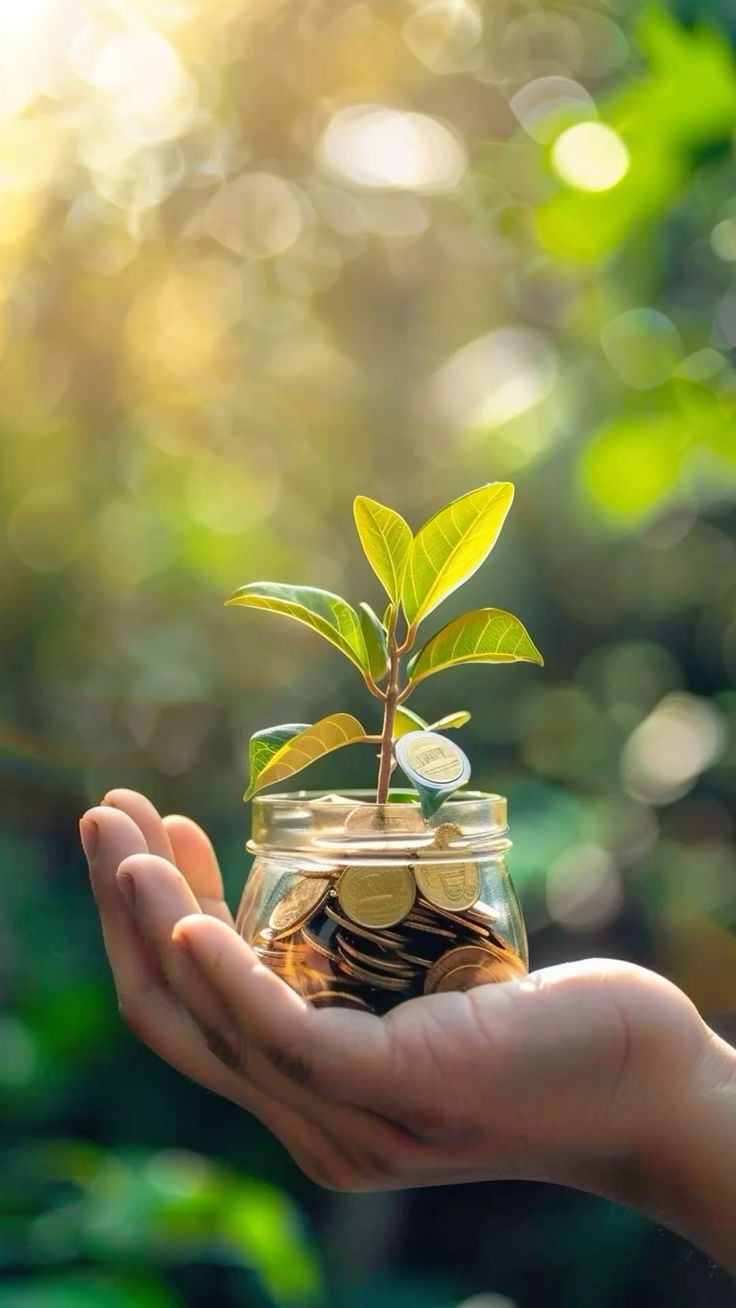 a jar filled with coined with a plant growing out of it, put on the palm of a person's hand