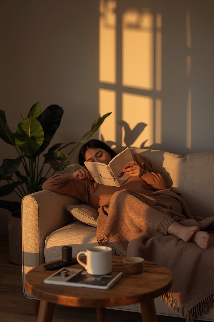a girl sitting comfortably on a couch with a book in hands