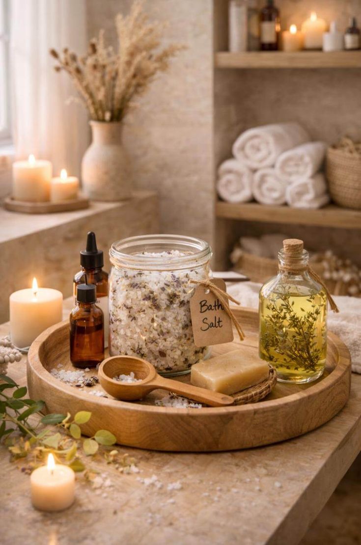 a tray of essential oil, bath salt, and soap
