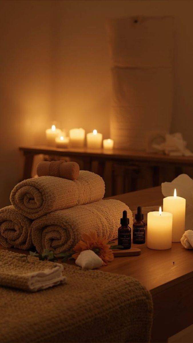rolls of towels, candles, and essential oils