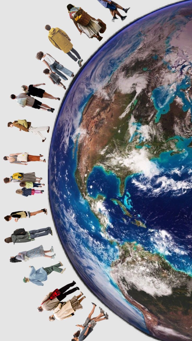 Collage of half Earth and people standing on its surface